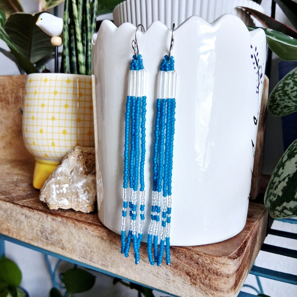 BOGO EARRINGS Blue and White Beaded Fringe Earrings